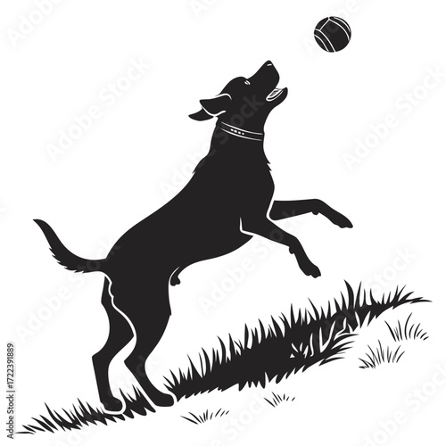 A black labrador retriever silhouette is playfully leaping to catch a ball, showcasing its agility and enthusiasm the dogs energy is palpable