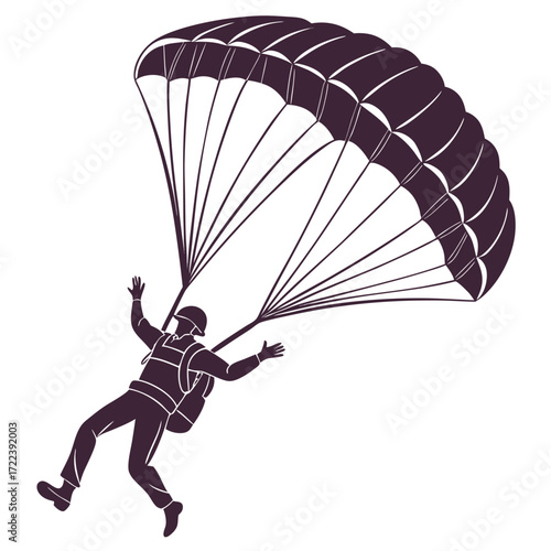 A skydiver is descending with a parachute, he is wearing a helmet and backpack, and is enjoying the thrill of freefall and landing safely