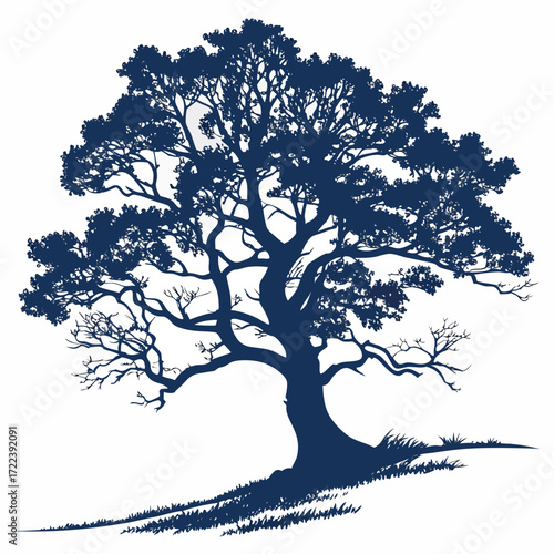 Elegant oak tree silhouette, its strong branches reaching out, embodying the harmony between natures power and delicate beauty in a timeless design
