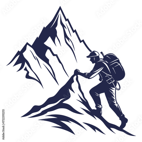 Silhouette of a determined climber ascending a rugged mountain peak, symbolizing resilience and the pursuit of goals, the steep incline represents challenge