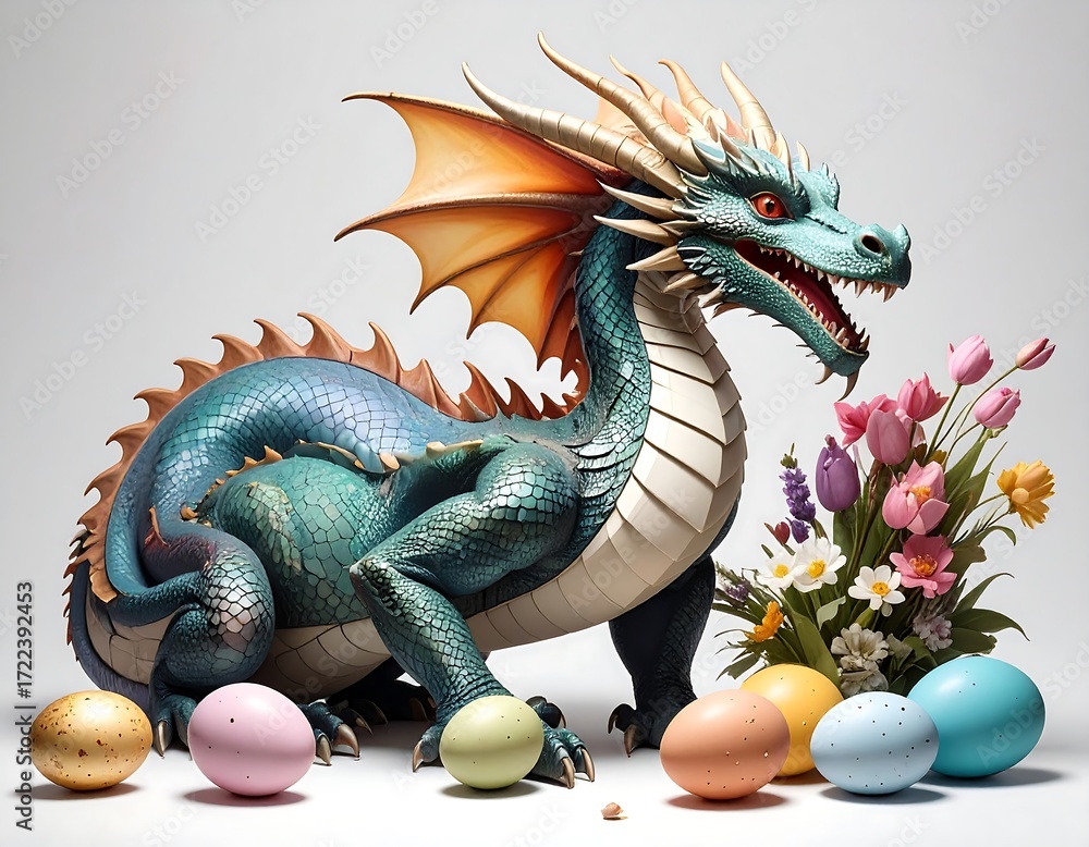Obraz premium Teal dragon with spring flowers and eggs