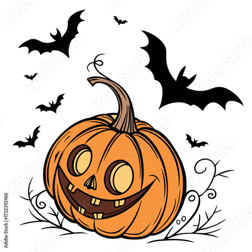 A cheerful halloween scene featuring a carved pumpkin and bats the pumpkin has a friendly face, with round eyes and a toothy grin