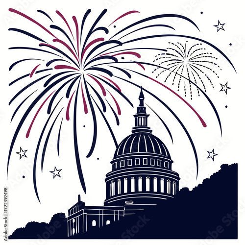 A festive illustration of the united states capitol building silhouetted against a backdrop of vibrant fireworks, evoking a sense of patriotism and celebration