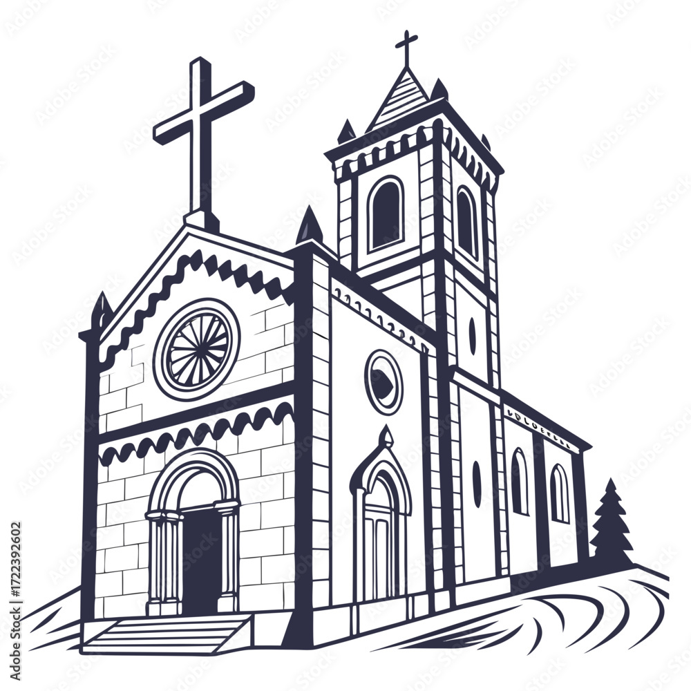 Fototapeta premium Illustration of a church vector drawing of a church building with a cross on top of the tower religious architecture vector illustration for design