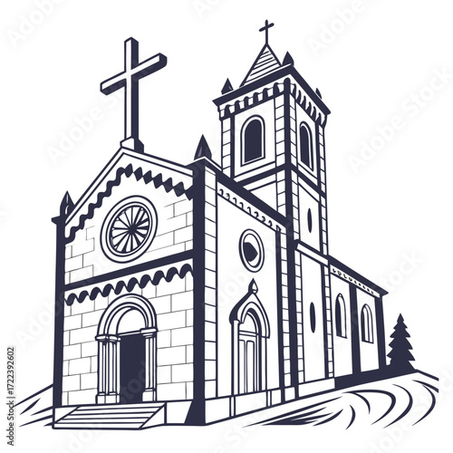 Illustration of a church vector drawing of a church building with a cross on top of the tower religious architecture vector illustration for design