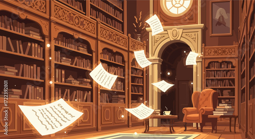 A Magical Library with Floating Pages