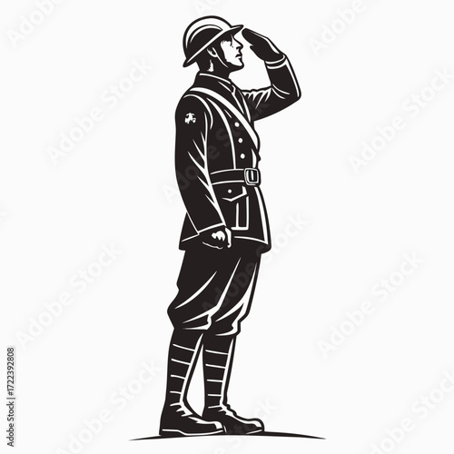 A monochromatic vector illustration of a soldier in full uniform saluting, standing tall and proud, the artwork emphasizes military service and dedication