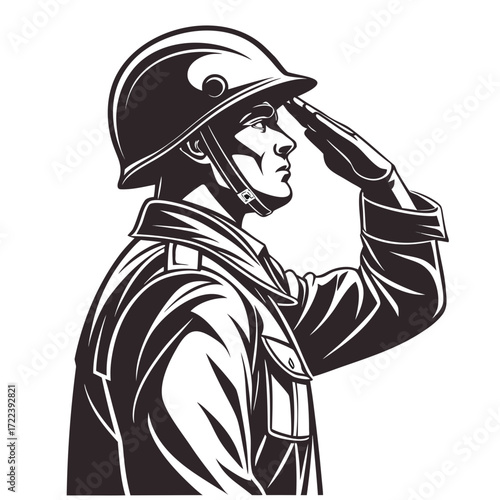 A monochromatic vector illustration of a soldier in uniform saluting, showcasing respect and duty, the artwork highlights military service and patriotism