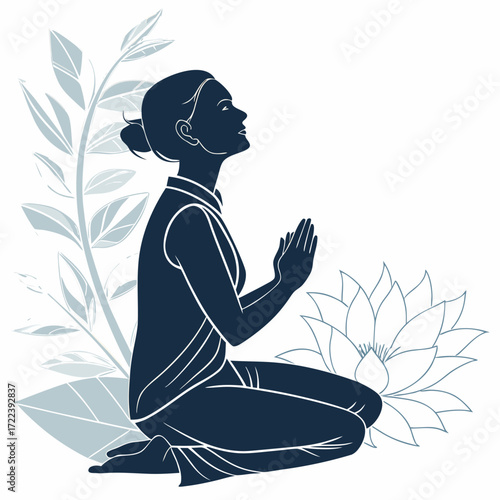 A serene vector illustration depicts a woman in a meditative pose, kneeling with hands clasped in prayer, surrounded by stylized lotus flower and leafy branches