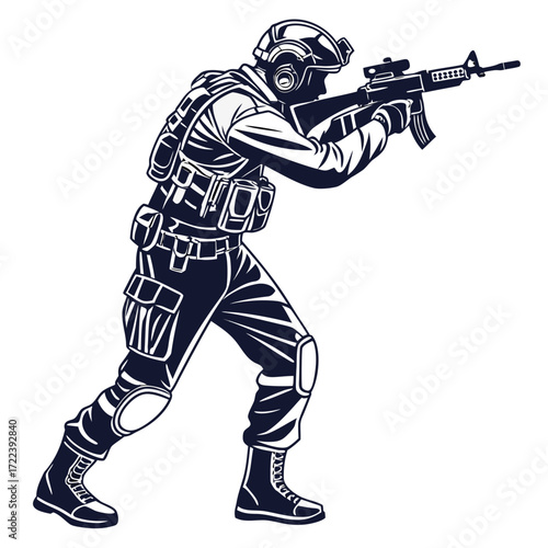 A monochrome vector illustration showcasing a soldier in full gear, helmeted and armed with a rifle, poised in a tactical stance, , ready for action