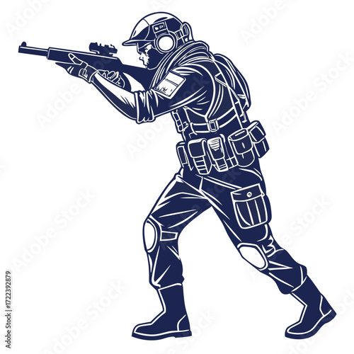 A soldier in tactical gear aiming a rifle, embodying focus and readiness, captured in a detailed line drawing the soldiers posture is outlined with precision