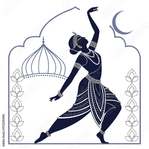 Elegant silhouette of an indian dancer in traditional attire, gracefully posed against a backdrop of an ornate archway and a crescent moon