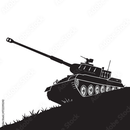 Silhouette illustration of a tank, a heavy armored fighting vehicle designed for frontline combat, featuring a powerful gun and robust armor, vector art