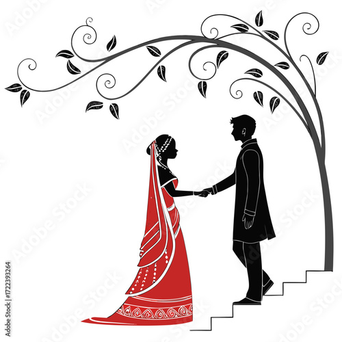 Silhouette of a bride and groom holding hands under a tree, a romantic wedding illustration with a staircase and floral details in red