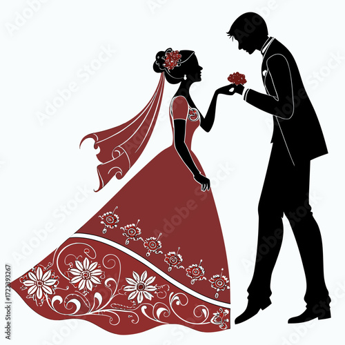 Silhouette of a bride in a red dress and a groom in a black suit exchanging a rose, a romantic and elegant wedding illustration with floral details