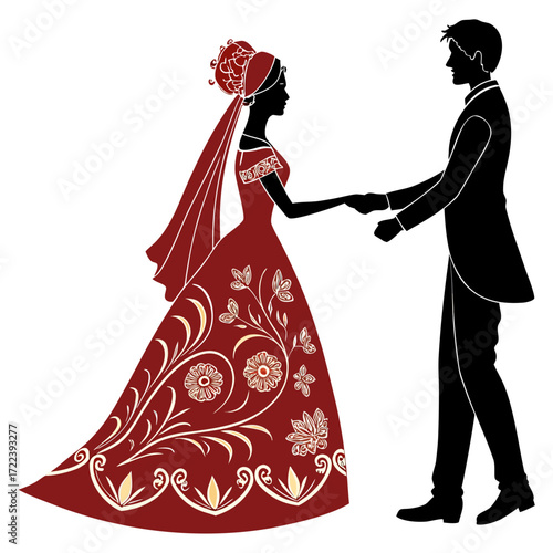 Silhouette of a bride in a red dress and a groom in a black suit holding hands, a romantic and elegant wedding illustration with floral details