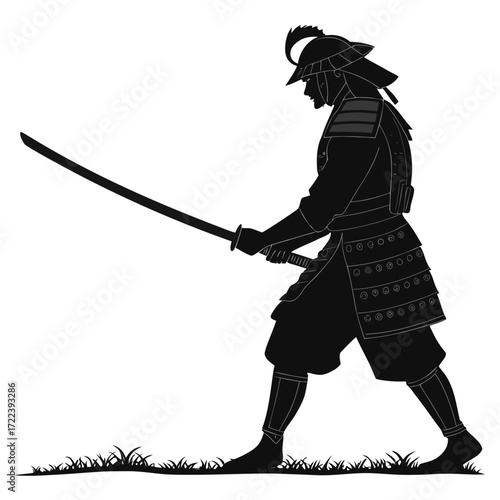 Silhouette of a samurai warrior in full armor, wielding a katana sword, standing in a grassy field, , evoking a sense of strength and discipline