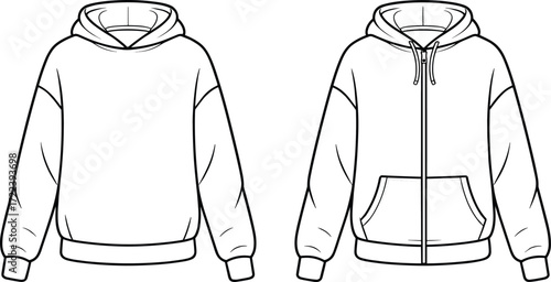 Blank hoodie template, front view sweatshirt, pullover and zip up hoodie design, fashion clothing mockup, apparel vector illustration, casual wear outline.