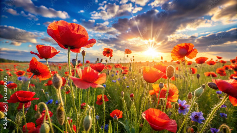 Naklejka premium Vibrant red poppies bloom in a field under a radiant sunset sky