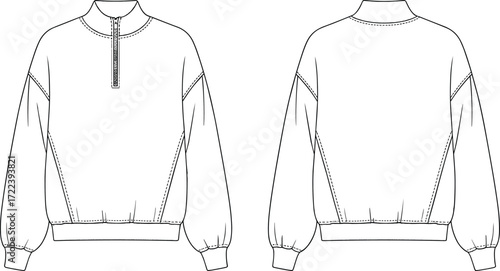 Blank half zip sweatshirt template front and back view, casual unisex clothing design, long sleeve pullover fleece garment fashion mockup.