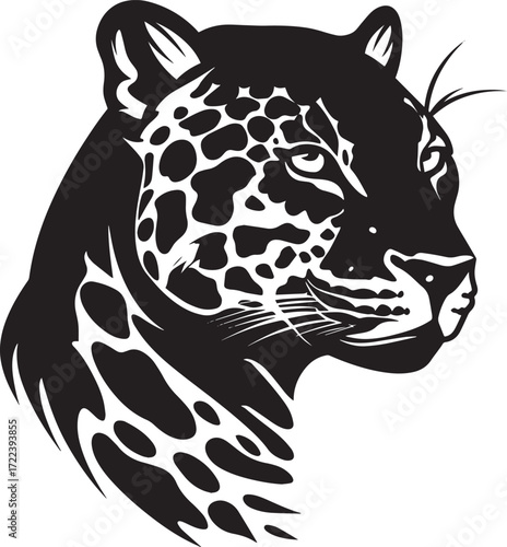 A black and white illustration of a jaguar's head with a white background.