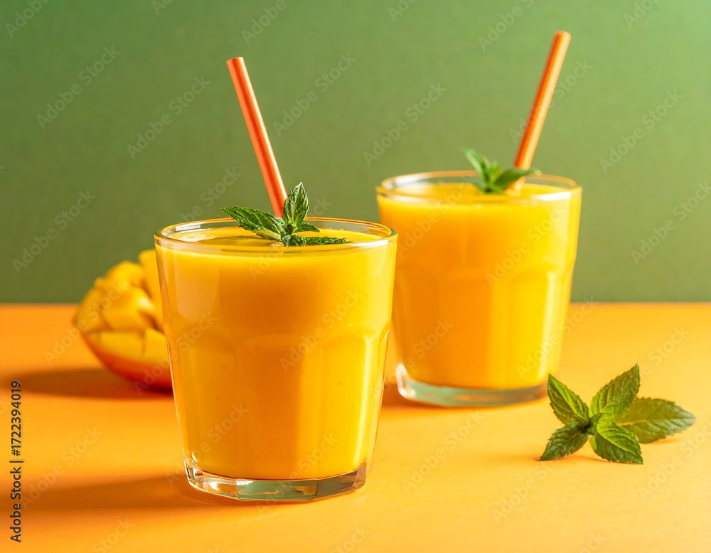 Fototapeta premium Two glasses of mango smoothie, vibrant colors