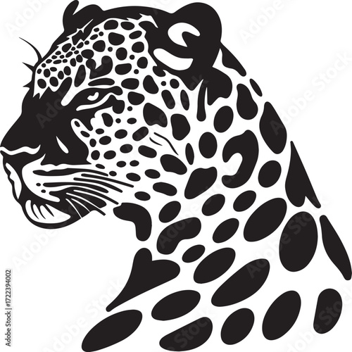 A black and white illustration of a leopard's head with a white background.