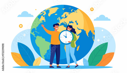 Man holding clock with large Earth illustration