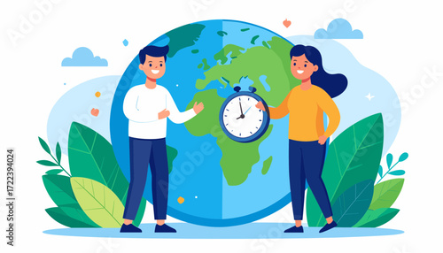 People shaking hands with Earth and clock