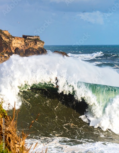 Surfer rides massive wave