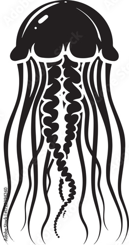 A black and white illustration of a jellyfish with long tentacles against a white background.