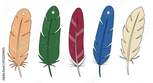 Tribal and Boho Design Illustration: Set of Colorful Feather Tags.