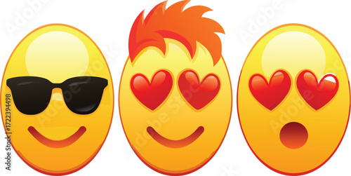 Three smiling emoji faces displaying cool love and blushing expressions