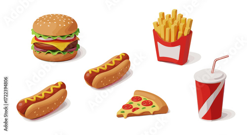 Isometric fast food arrangement featuring burger fries pizza and drinks