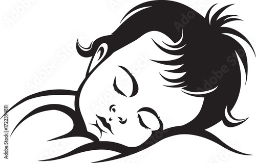 A black and white illustration of a sleeping child with curly hair.