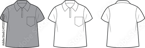 Blank polo shirt template, front and back view, short sleeve t-shirt mockup, pocket design, casual fashion apparel, clothing outline vector illustration.