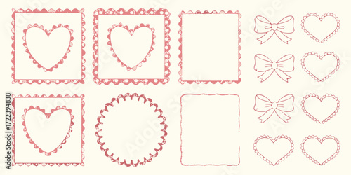 Collection of hand drawn pink heart and bow frames and borders with scalloped edges