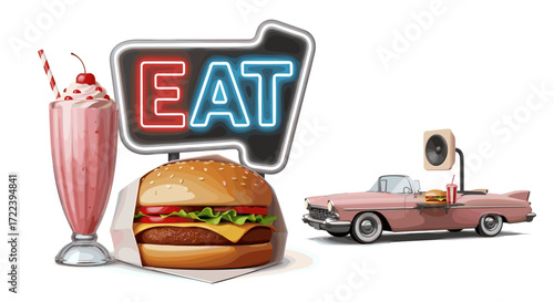 Illustration of a burger milkshake eat sign and pink vintage car scene
