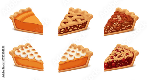 Illustration showing six slices of different types of pie on white background