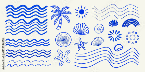Collection of hand drawn blue ocean elements including waves palm tree sun seashells and starfish on a light background
