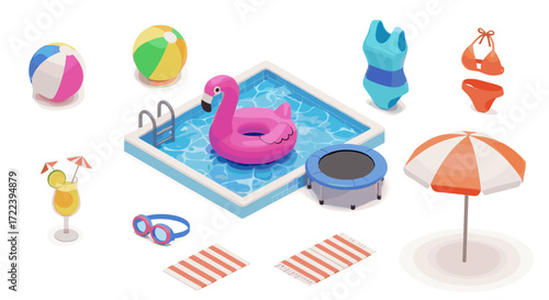 Isometric view of a summer pool scene with flamingo float and accessories