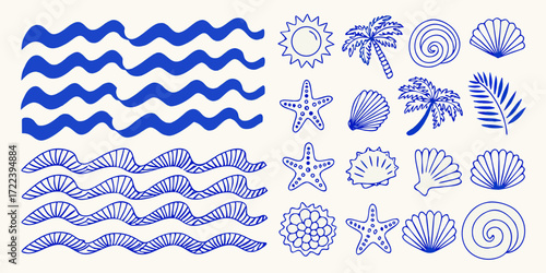 Collection of hand drawn blue ocean waves seashells palm trees sun and starfish on a cream background