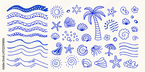 Collection of hand drawn blue line art summer beach and ocean elements on a cream background