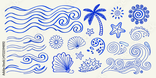 Collection of blue hand drawn doodle elements representing summer beach and ocean themes