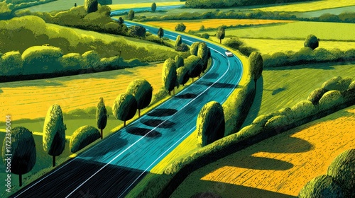 Countryside painting showing a road winding through fields of vibrant yellow & green
