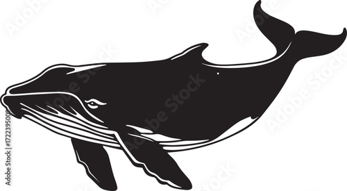 A black and white illustration of a humpback whale swimming in the ocean.