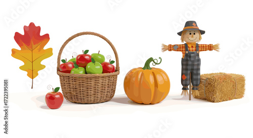 Autumn harvest scene featuring basket of apples pumpkin scarecrow and leaf