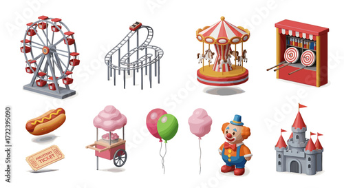 Isometric view of carnival rides, food, games, and a clown illustration