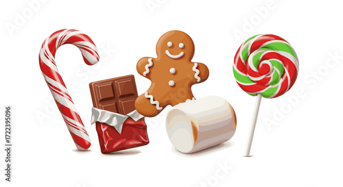 A festive assortment of christmas sweets including candy cane and gingerbread