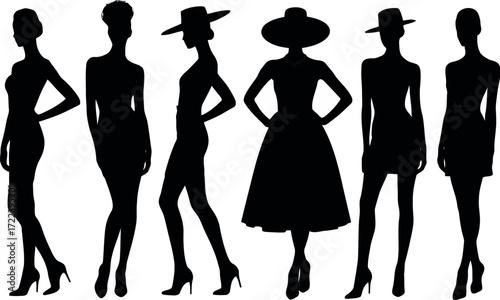 his image displays six distinct female silhouettes, each modeling different fashion styles and poses. 